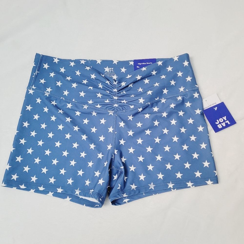 JoyLab Bike Shorts High Rise Ruched Pocket Patriotic Stars Superhero XXL New OOS